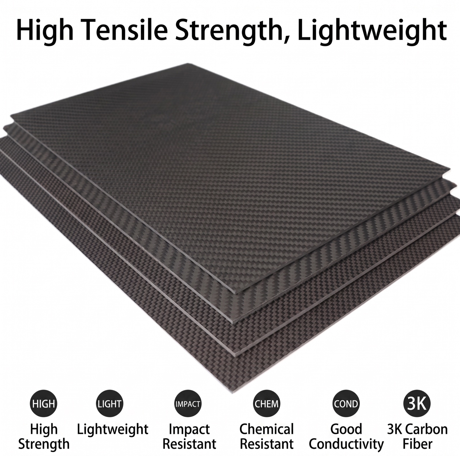 Stacked 3K carbon fiber sheets with English feature labels